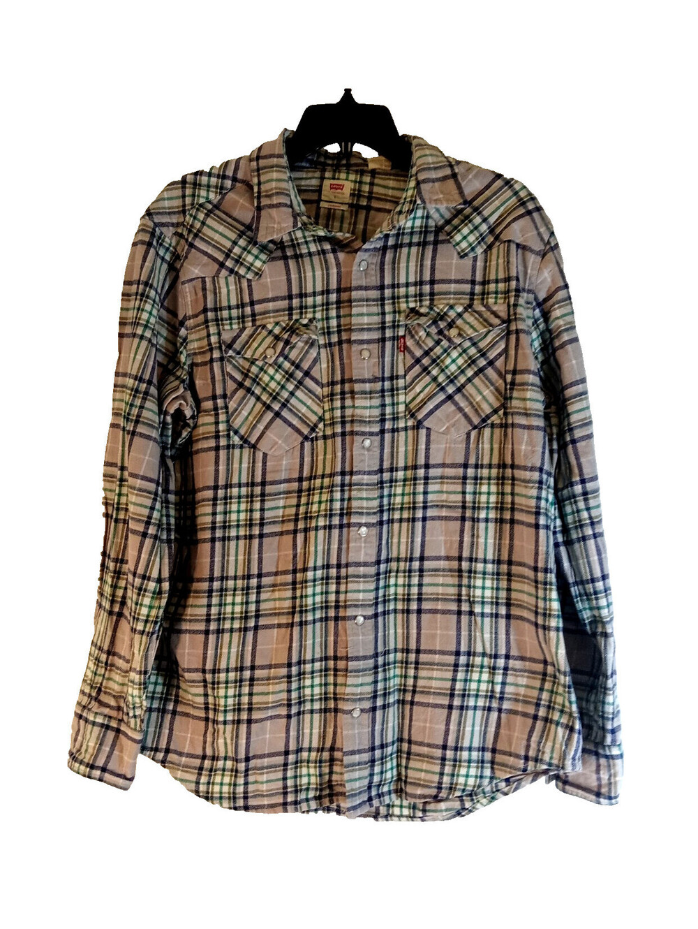 Levis Strauss Flannel Plaid Country Western Shirt Womens Large Blue Green Gray